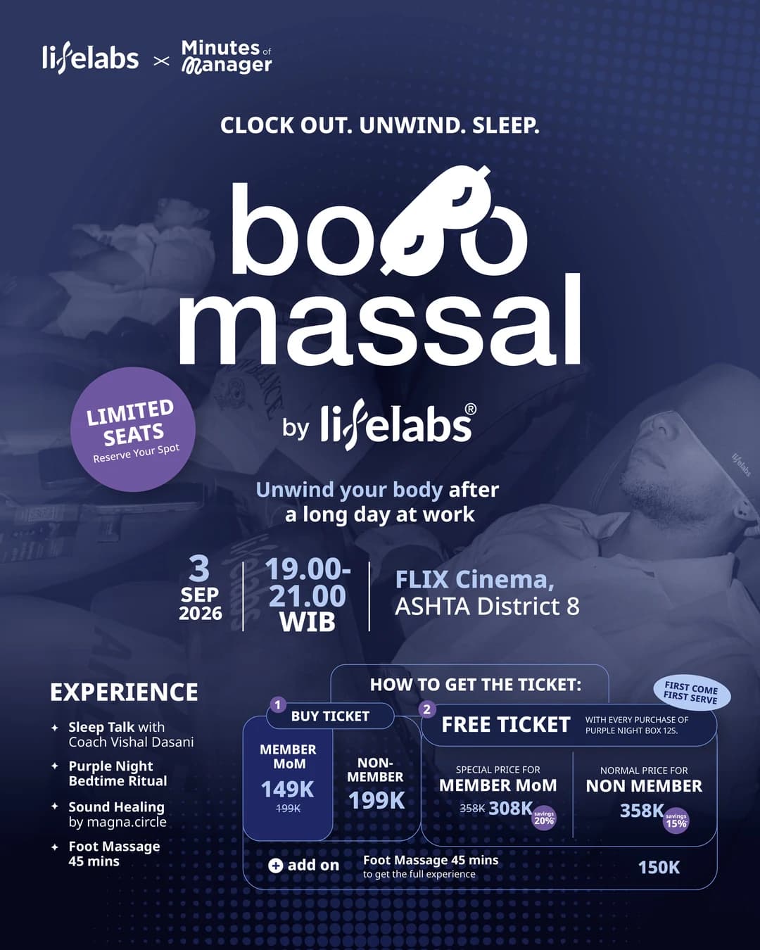 Bobo Massal event poster with date, venue, and prices